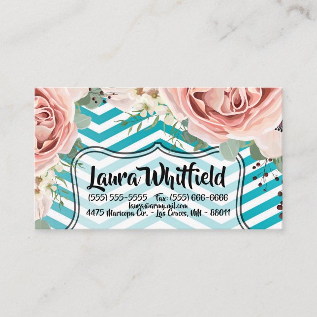 Business Card Geometric Rose Chevron Teal (Front)