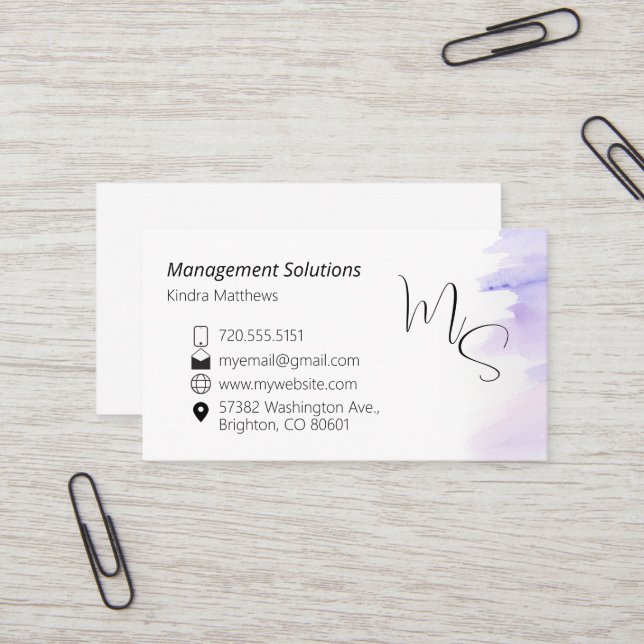 Business Card lavender watercolor wash (Front/Back In Situ)