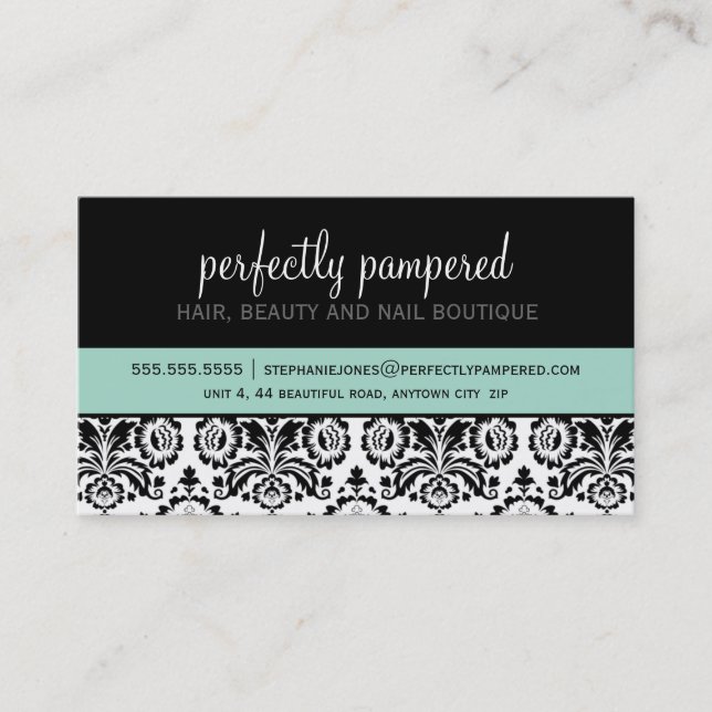 BUSINESS CARD modern damask black mint green (Front)