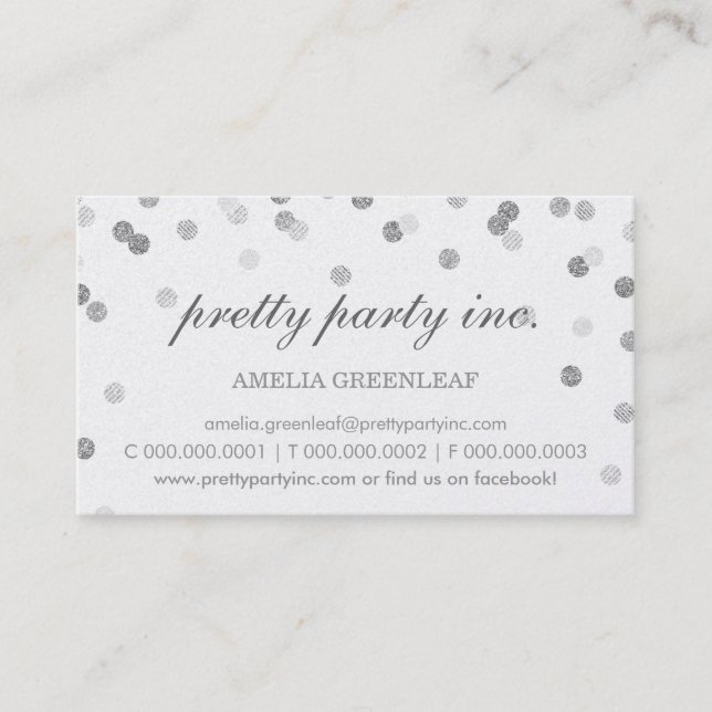 BUSINESS CARD stylish confetti silver grey glitter (Front)