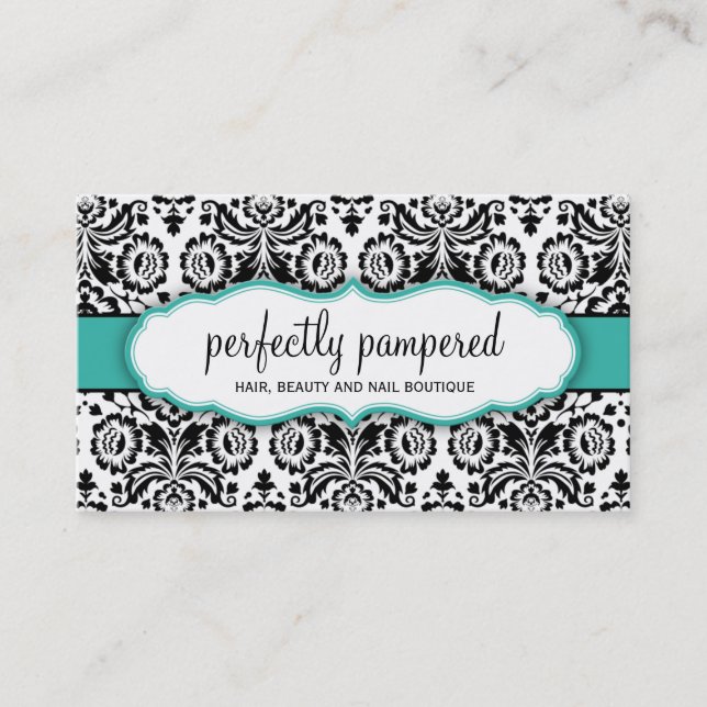 BUSINESS CARD stylish damask black jade emerald (Front)