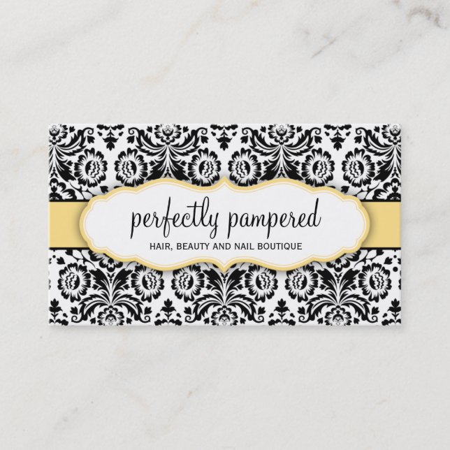 BUSINESS CARD stylish damask black lemon yellow (Front)