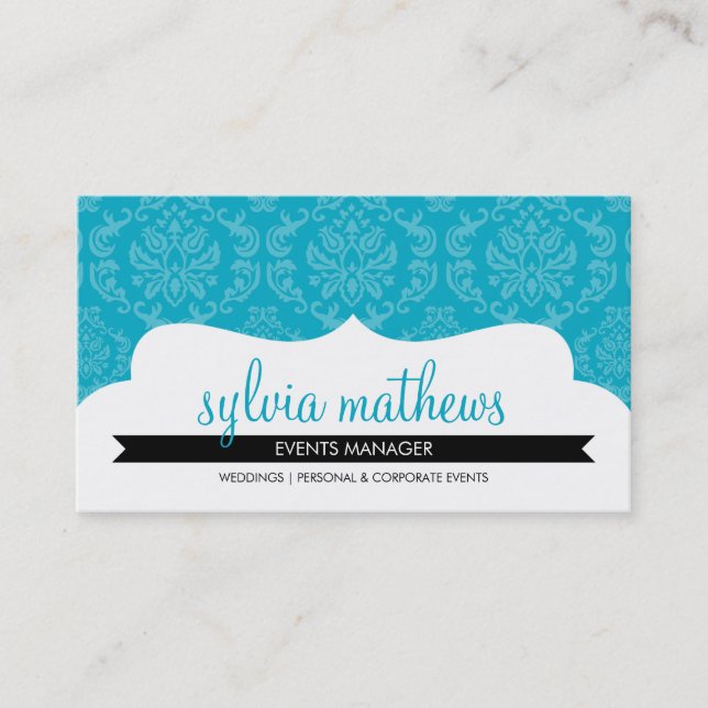 BUSINESS CARD stylish damask pattern aqua blue (Front)