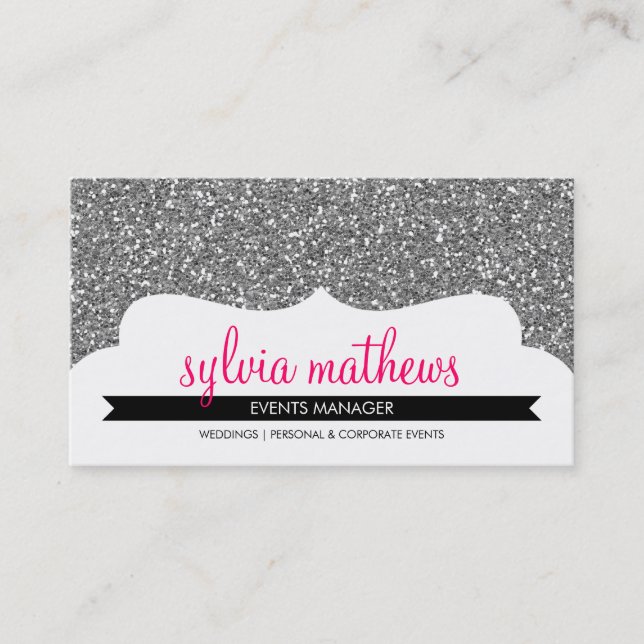 BUSINESS CARD stylish glitter sparkle silver pink (Front)