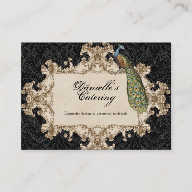 Business Cards - Black Vintage Peacock & Etchings (Front)