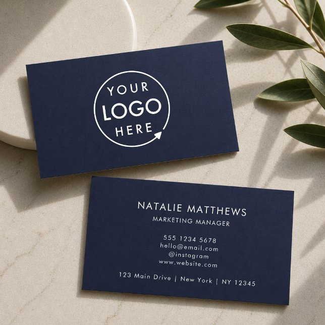 Business Cards | Navy Blue Sleek Custom Logo Card (Create a professional look with this horizontal navy blue business card design with your logo.)