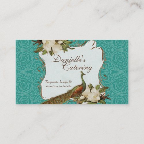 Business Cards _ Peacock Magnolia Floral Damask