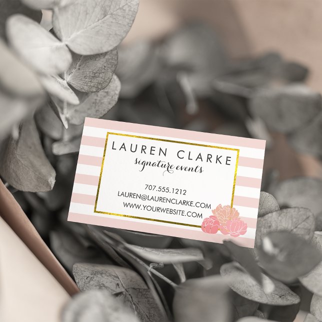 Business Cards | Pink Stripe & Blush Peony (Creator Uploaded)