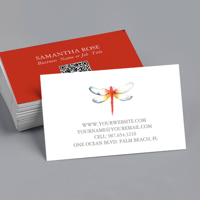 Business Cards Watercolor Red Dragonfly (Business cards watercolor red dragonfly art by Victoria Grigaliunas with QR code)