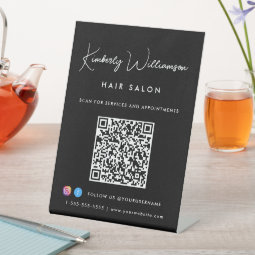 Business Chic Signature Script QR Code Black Pedestal Sign | Zazzle