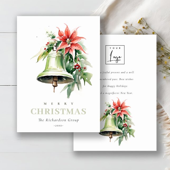 Business Christmas Bell Poinsettia Corporate Logo Holiday Card (Creator Uploaded)