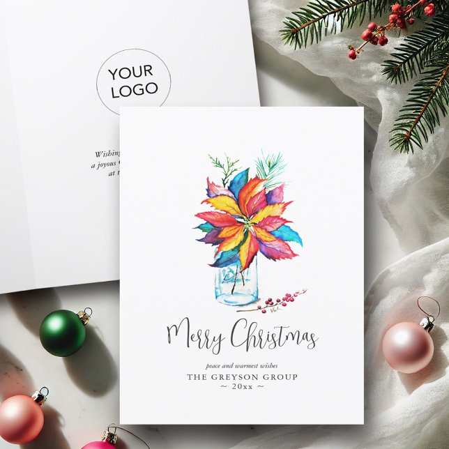 Business Christmas Cards Colorful Poinsettia  (Business Christmas cards with logo colorful watercolor poinsettia art by Victoria Grigaliunas )