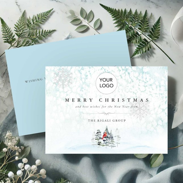 Business Christmas Cards With Logo (Business Christmas cards with logo blue winter scene with pine trees and a red cardinal.)