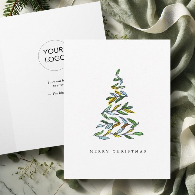 Business Christmas Cards with Logo Botanical Tree (Business Christmas cards with logo watercolor and line art tree by Victoria Grigaliunas DoTellABelle)