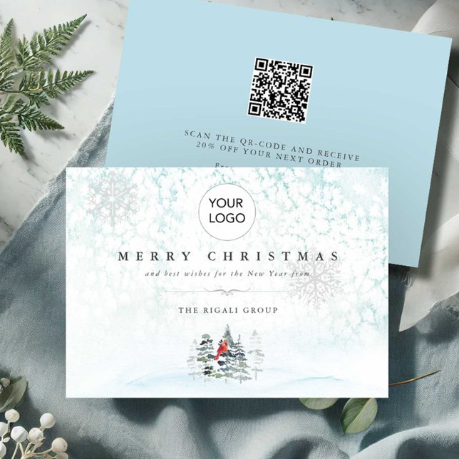 Business Christmas Cards With Logo & QR-code (Business Christmas cards with qr-code and logo watercolor blue winter scene pine trees and cardinal)