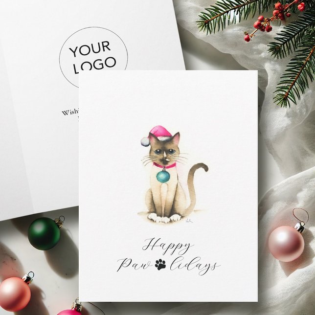 Business Christmas Cards With Logo Siamese Cat (Business Christmas cards with logo watercolor siamese cat by Victoria Grigaliunas Do Tell A Belle)