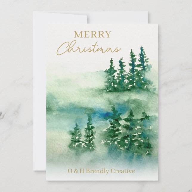 Business Christmas Elegant Watercolor Forest Card (Front)