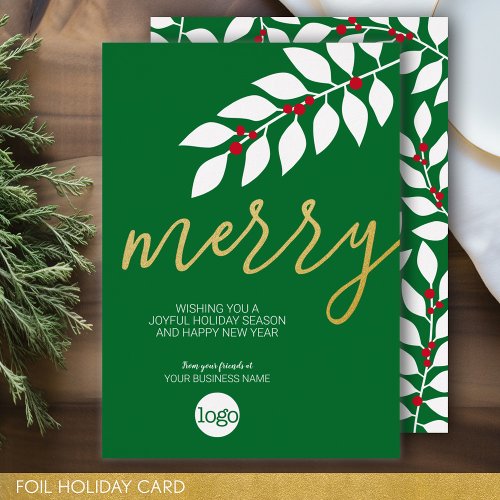 Business Christmas Greeting _ Green Red Merry Gold Foil Holiday Card