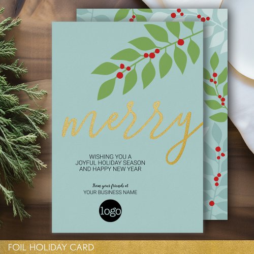 Business Christmas Greeting _ Merry Aqua _ Foil Holiday Card