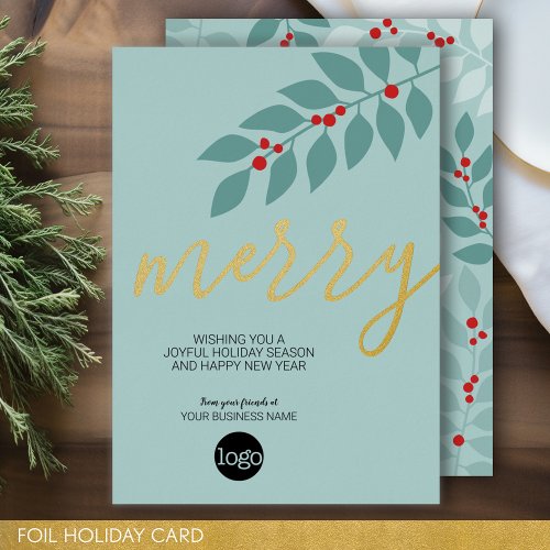 Business Christmas Greeting _ Merry Aqua _ Gold Foil Holiday Card