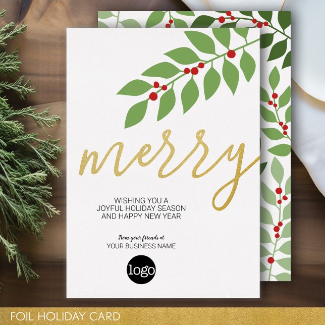 Business Christmas Greeting - Merry -  Foil Holiday Card (Business Holiday Card - Add Your Logo to this Foil Accented Office Card)