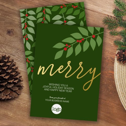 Business Christmas Greeting _ Merry _ Green Gold Foil Holiday Card