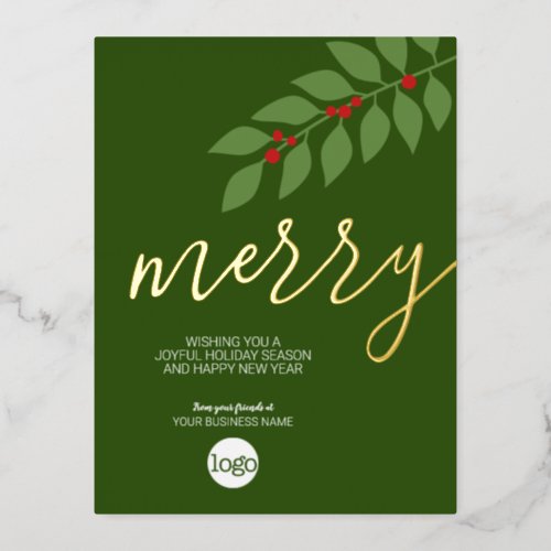 Business Christmas Greeting Merry Green Leaf Gold Foil Holiday Postcard