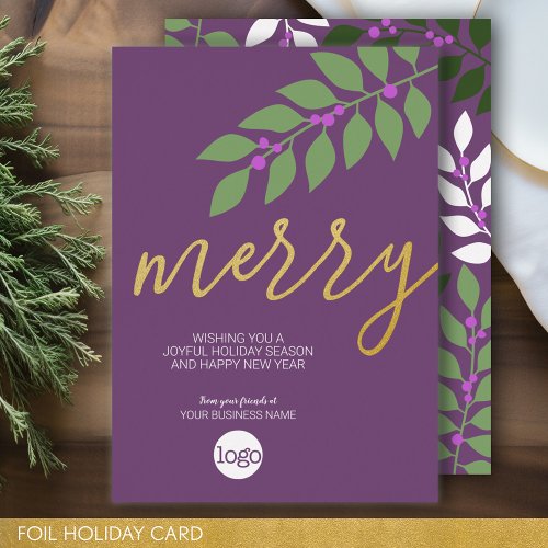 Business Christmas Greeting _ Purple _ Merry Gold Foil Holiday Card