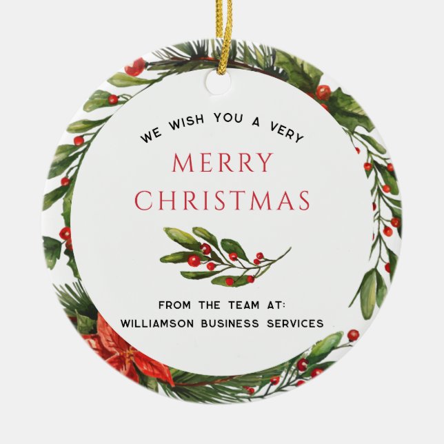 Business Christmas Holidays Botanical Holly Berry Ceramic Ornament (Front)
