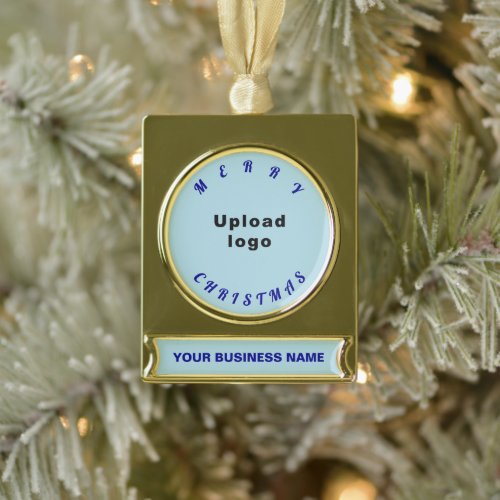 Business Christmas Light Blue on Gold Plated Banner Ornament
