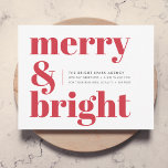 Business Christmas Merry and Bright Red Corporate Holiday Card<br><div class="desc">A stylish modern corporate business flat holiday greeting card with a bold retro typography quote "merry & bright" in bright red on a white background with a complementary feature color on the reverse. The greeting, message and company name can be easily customized to suit your own business. A trendy, fun...</div>