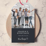 Business Christmas | Modern Stylish Team Photo Gift Tags<br><div class="desc">A stylish modern corporate business team photo holiday gift tags with a bold typography quote "Season's Greetings" in white with an off black background color. The greeting and company name can be easily customized to suit your own business. The design featues an optional message for your customers overleaf to thank...</div>