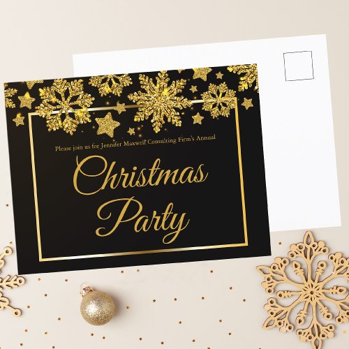 Business Christmas Party Black Gold Snowflake Invitation Postcard