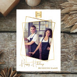 Business Christmas photo geometric gold logo Holiday Card<br><div class="desc">Celebrate the season in style with this modern and elegant Christmas card, featuring a faux gold geometric photo frame. The front showcases a chic hand-lettered 'Happy Holidays' greeting, perfect for conveying warm wishes. Personalize the card with your business logo, s photo and name to create a professional touch. The back...</div>