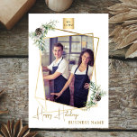 Business Christmas photo geometric gold modern Holiday Card<br><div class="desc">Celebrate the season in style with this modern and elegant Christmas card, featuring a faux gold geometric photo frame adorned with festive pine branches and cones. The front showcases a chic hand-lettered 'Happy Holidays' greeting, perfect for conveying warm wishes. Personalize the card with your business logo, s photo and name...</div>