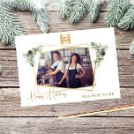 Business Christmas photo geometric gold modern Holiday Card<br><div class="desc">Celebrate the season in style with this modern and elegant Christmas card, featuring a faux gold geometric photo frame adorned with festive pine branches and cones. The front showcases a chic hand-lettered 'Happy Holidays' greeting, perfect for conveying warm wishes. Personalize the card with your business logo, s photo and name...</div>
