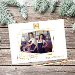 Business Christmas photo white gold logo Holiday Card<br><div class="desc">Celebrate the season in style with this modern and elegant Christmas card, featuring a faux gold geometric photo frame. The front showcases a chic hand-lettered 'Happy Holidays' greeting, perfect for conveying warm wishes. Personalize the card with your business logo, s photo and name to create a professional touch. The back...</div>
