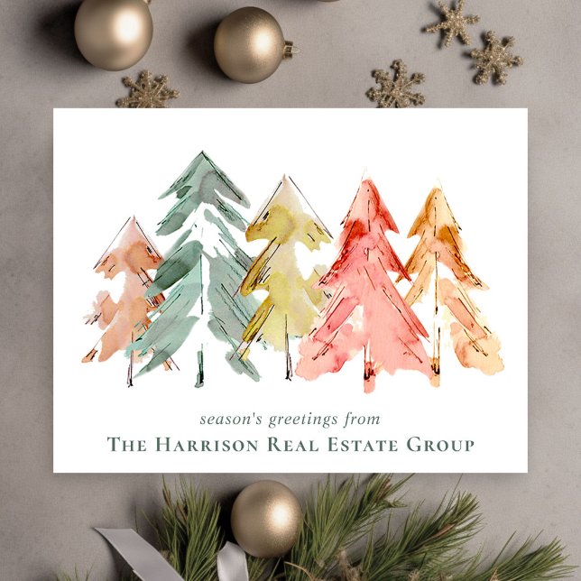 Business Christmas Pine Trees Watercolor Holiday Card (Spread the joy of the season and strengthen business relationships with our elegant holiday card)