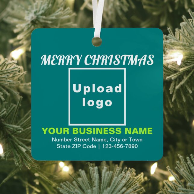 Business Christmas Teal Green Square Metal Ornament (Insitu)