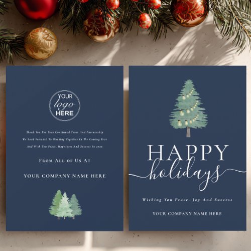 Business Christmas Tree Festive Lights Logo Blue Holiday Card