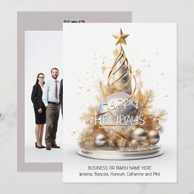 Business christmas white gold tree qr code logo holiday card (Front/Back)