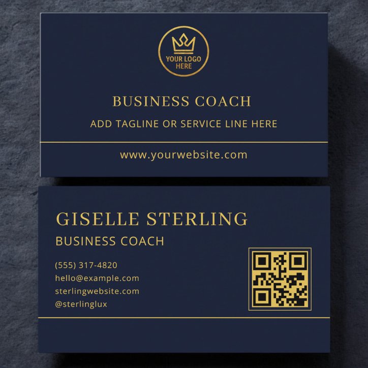 Business Coach Blue Gold Logo QR Code Business Card