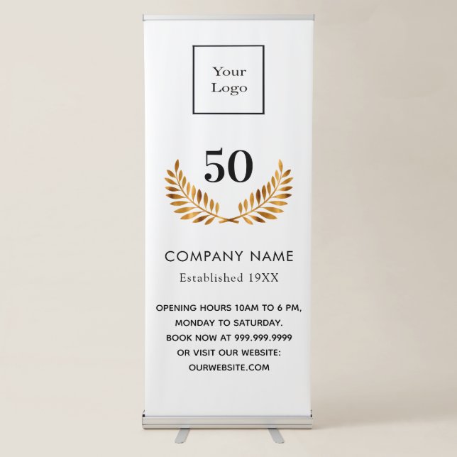 Business comapany name established white gold  retractable banner (Front)