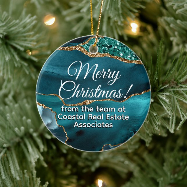 Business Company Corporate Gold Teal Promotional Ceramic Ornament (Tree)