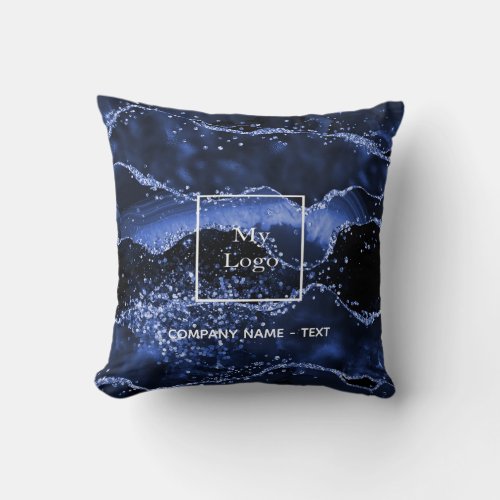 Business company logo blue agate marble glitter throw pillow