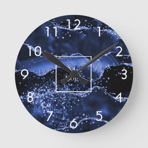 Business company logo blue agate marble round clock