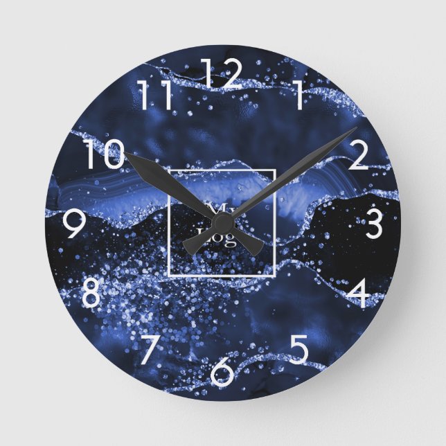 Business company logo blue agate marble round clock (Front)