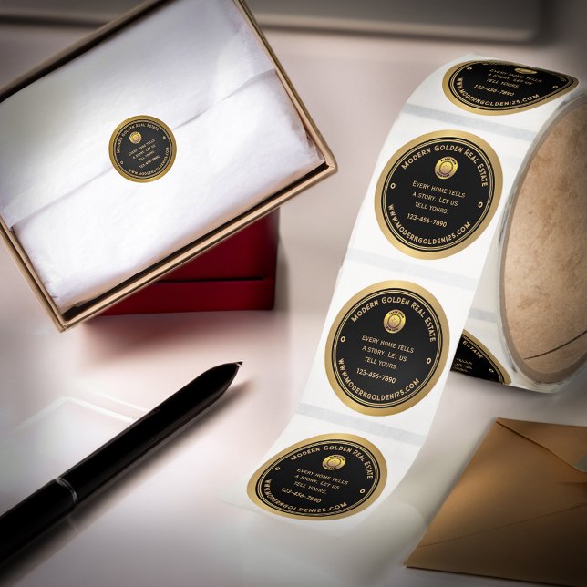 Business Company Logo Gold Black Modern            Classic Round Sticker (Business Company Logo Gold Black Modern Classic Round Sticker for that professional elegant branding)