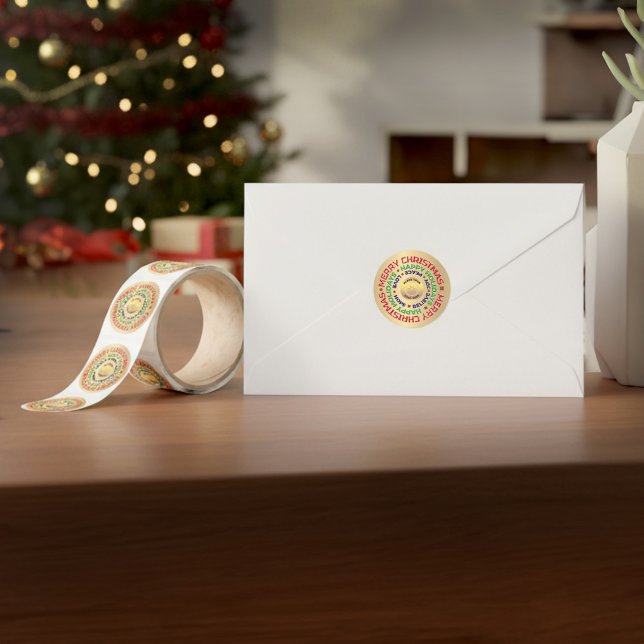 Business Company Logo Gold Merry Christmas Holiday Classic Round Sticker (Business Company Logo Gold Merry Christmas Holiday Sticker to put on your customer packages. )