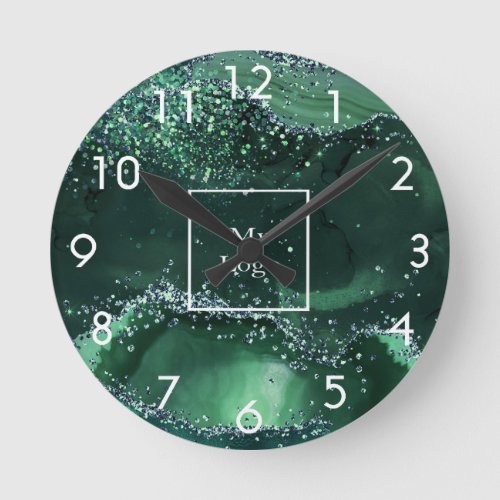 Business company logo green agate marble glitter round clock